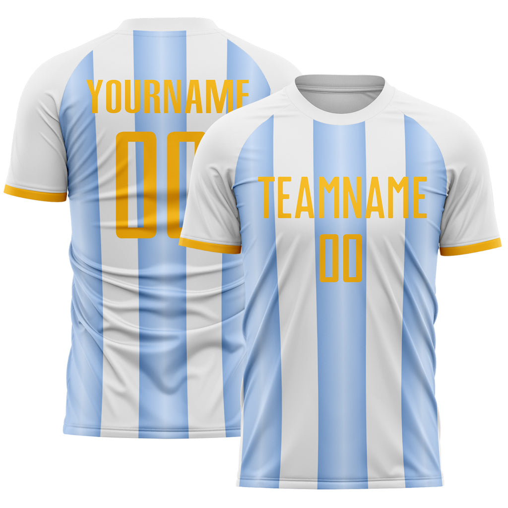 Custom White Gold-Light Blue Gradient Vertical Stripe Argentina Style Sublimation Soccer Uniform Jersey