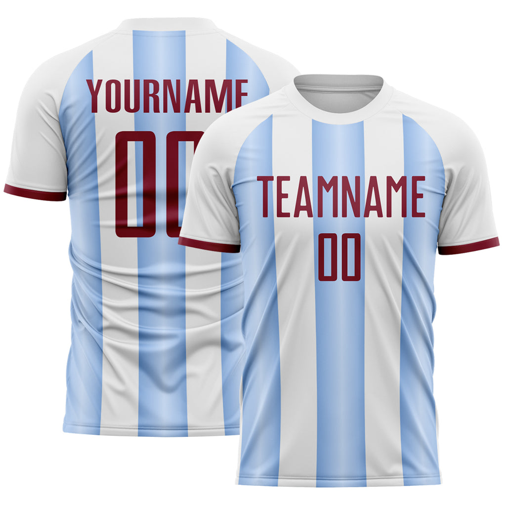 Custom White Crimson-Light Blue Gradient Vertical Stripe Argentina Style Sublimation Soccer Uniform Jersey