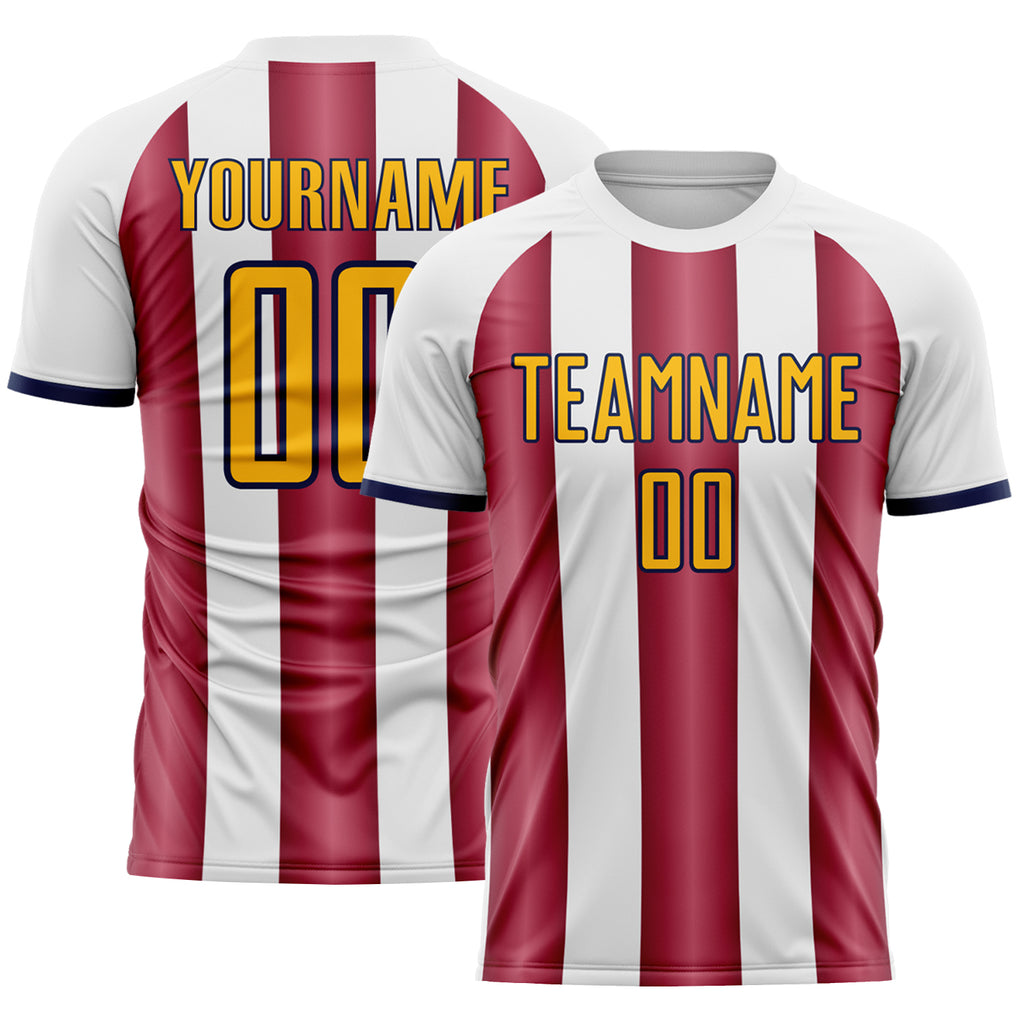Custom White Gold Crimson-Navy Gradient Vertical Stripe Argentina Style Sublimation Soccer Uniform Jersey
