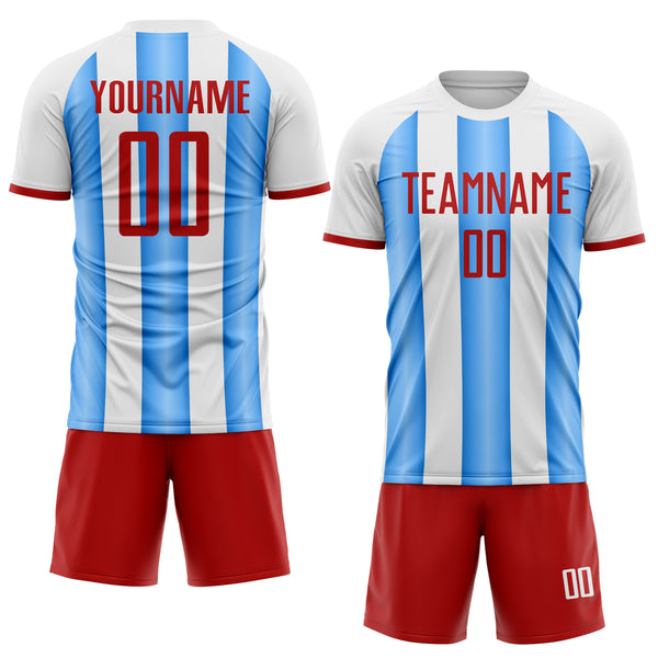 Custom White Red-Powder Blue Gradient Vertical Stripe Argentina Style Sublimation Soccer Uniform Jersey
