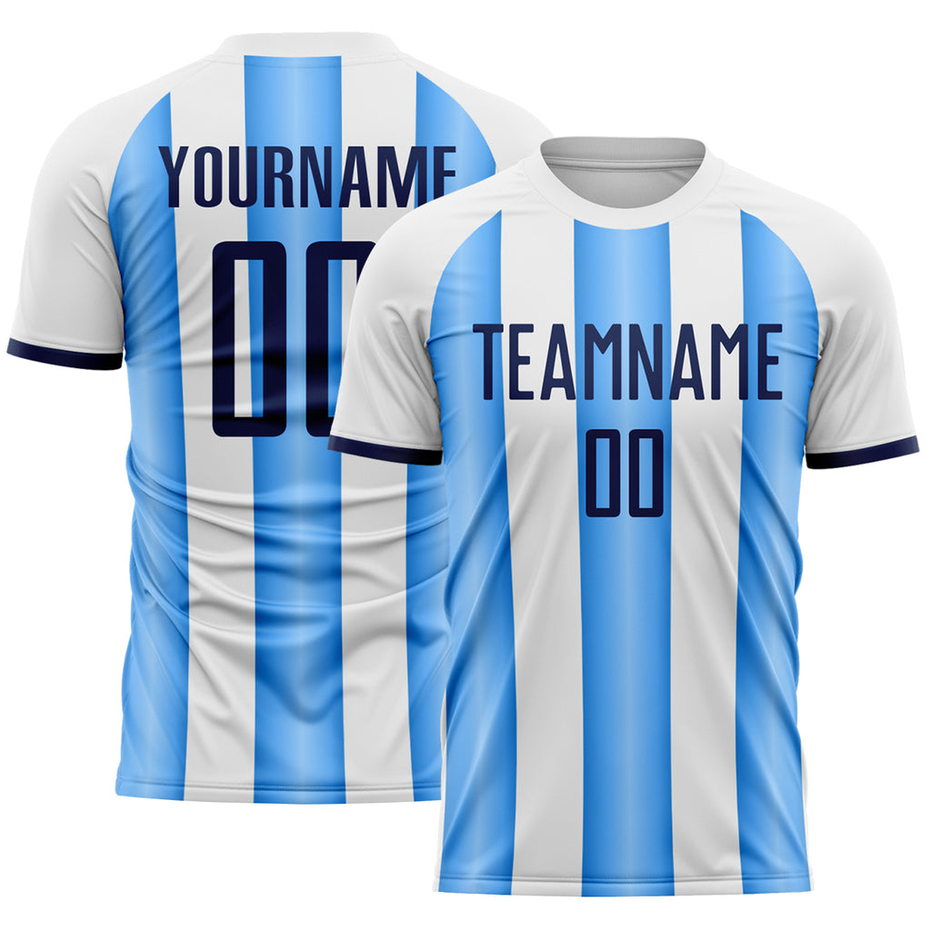 Custom White Navy-Powder Blue Gradient Vertical Stripe Argentina Style Sublimation Soccer Uniform Jersey