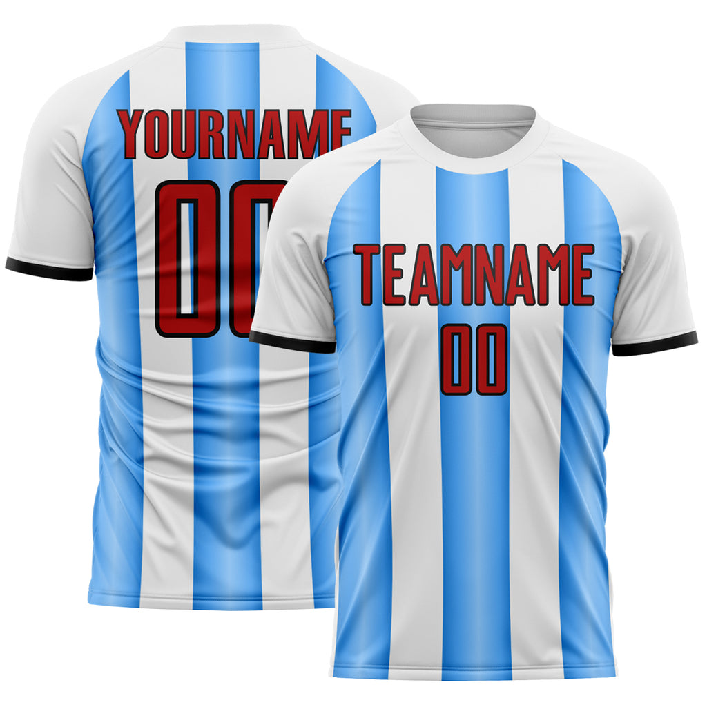 Custom White Red Powder Blue-Black Gradient Vertical Stripe Argentina Style Sublimation Soccer Uniform Jersey