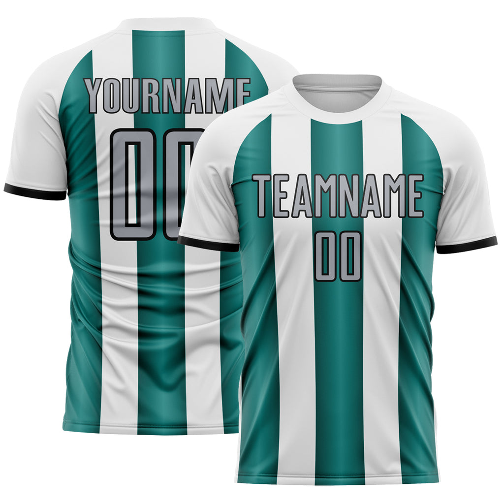 Custom White Gray Midnight Green-Black Gradient Vertical Stripe Argentina Style Sublimation Soccer Uniform Jersey