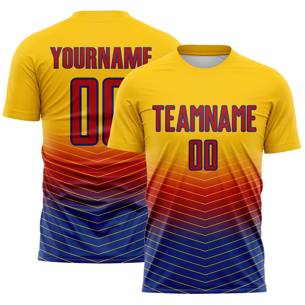 Custom Yellow Red-Royal Gradient Chevron Lines Colombia Sublimation Soccer Uniform Jersey