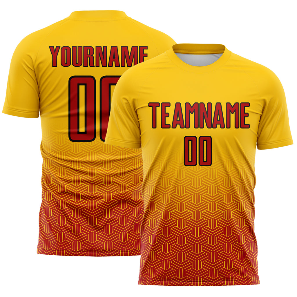 Custom Yellow Red-Black Gradient Geometric Cube Mesh Colombia Sublimation Soccer Uniform Jersey