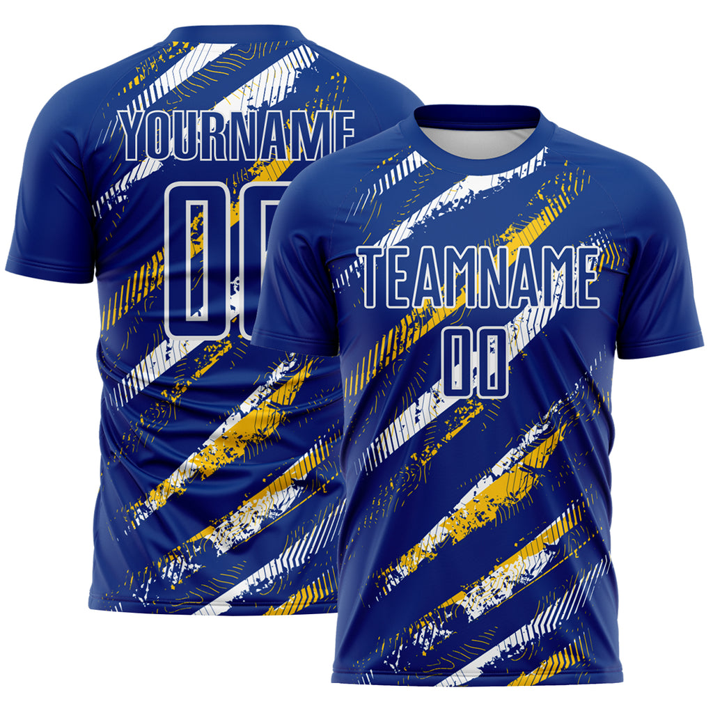 Custom Royal Yellow-White Paint Brush Stroke Colombia Sublimation Soccer Uniform Jersey