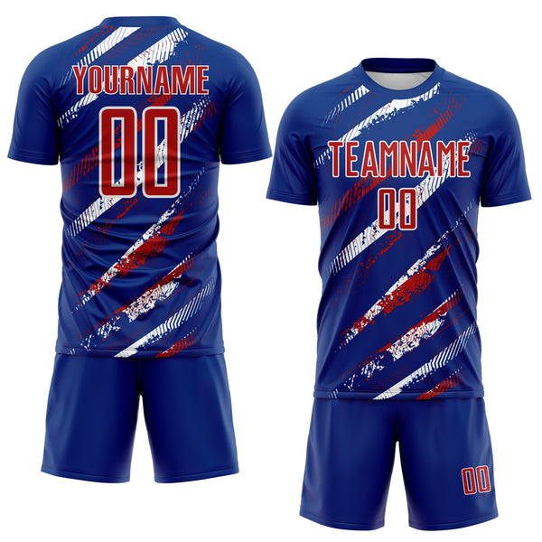 Custom Royal Red-White Paint Brush Stroke Colombia Sublimation Soccer Uniform Jersey