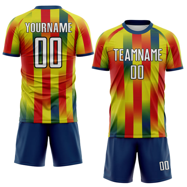 Custom Neon Yellow White Red Green Black-Blue Gradient Stripe Colombia Sublimation Soccer Uniform Jersey