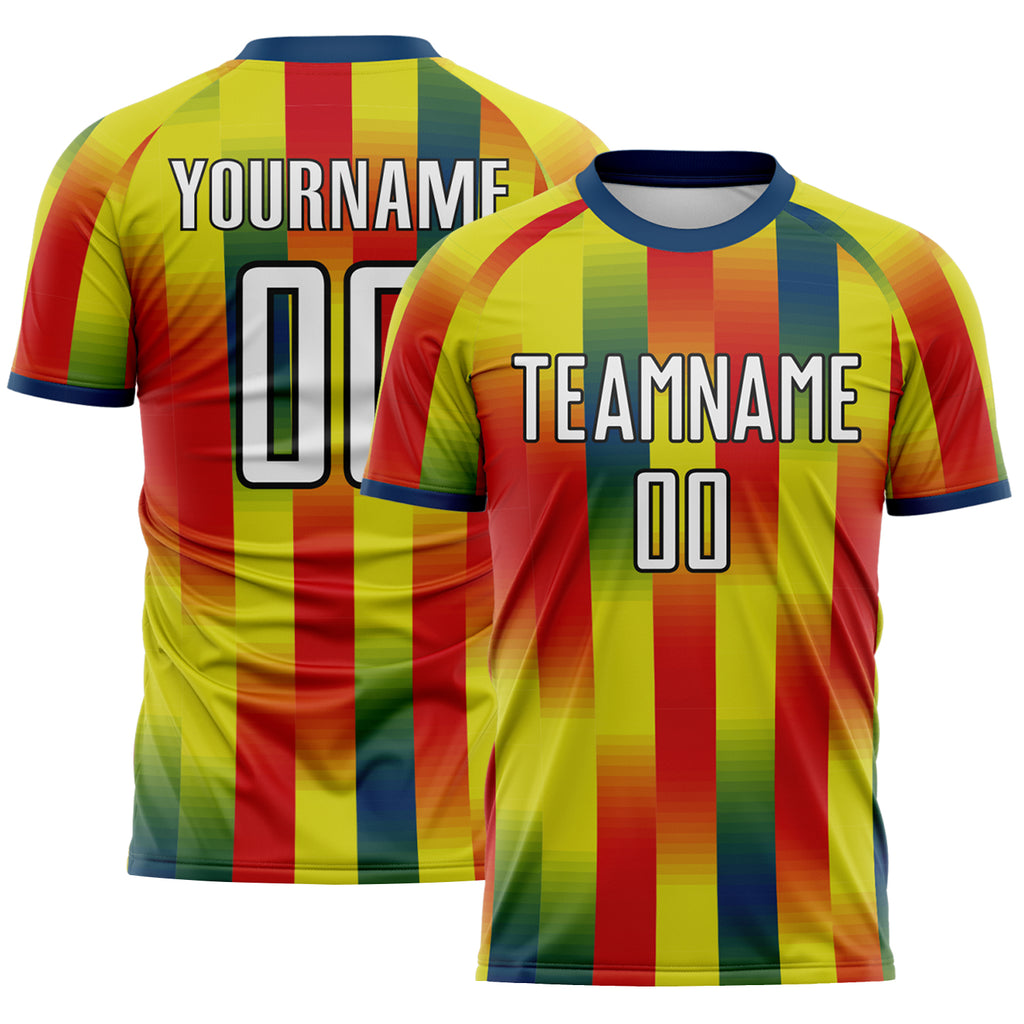 Custom Neon Yellow White Red Green Black-Blue Gradient Stripe Colombia Sublimation Soccer Uniform Jersey