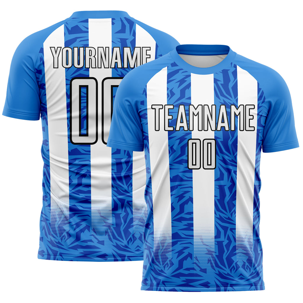 Custom Powder Blue White-Black Stripe Abstract Geometric Colombia Sublimation Soccer Uniform Jersey