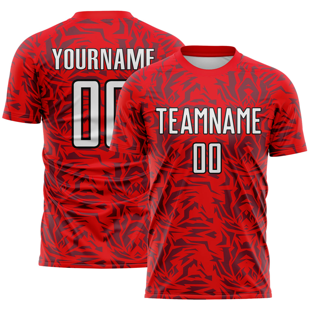 Custom Fire Red White-Black Abstract Geometric Colombia Sublimation Soccer Uniform Jersey