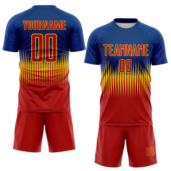 Custom US Navy Blue Red-Gold Sharp Spike Lines Colombia Sublimation Soccer Uniform Jersey