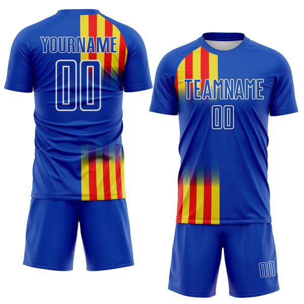 Custom Royal Light Yellow Fire Red-White Vertical Stripe Colombia Sublimation Soccer Uniform Jersey