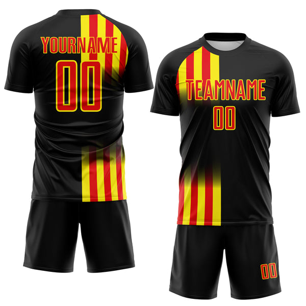 Custom Black Fire Red-Light Yellow Vertical Stripe Colombia Sublimation Soccer Uniform Jersey