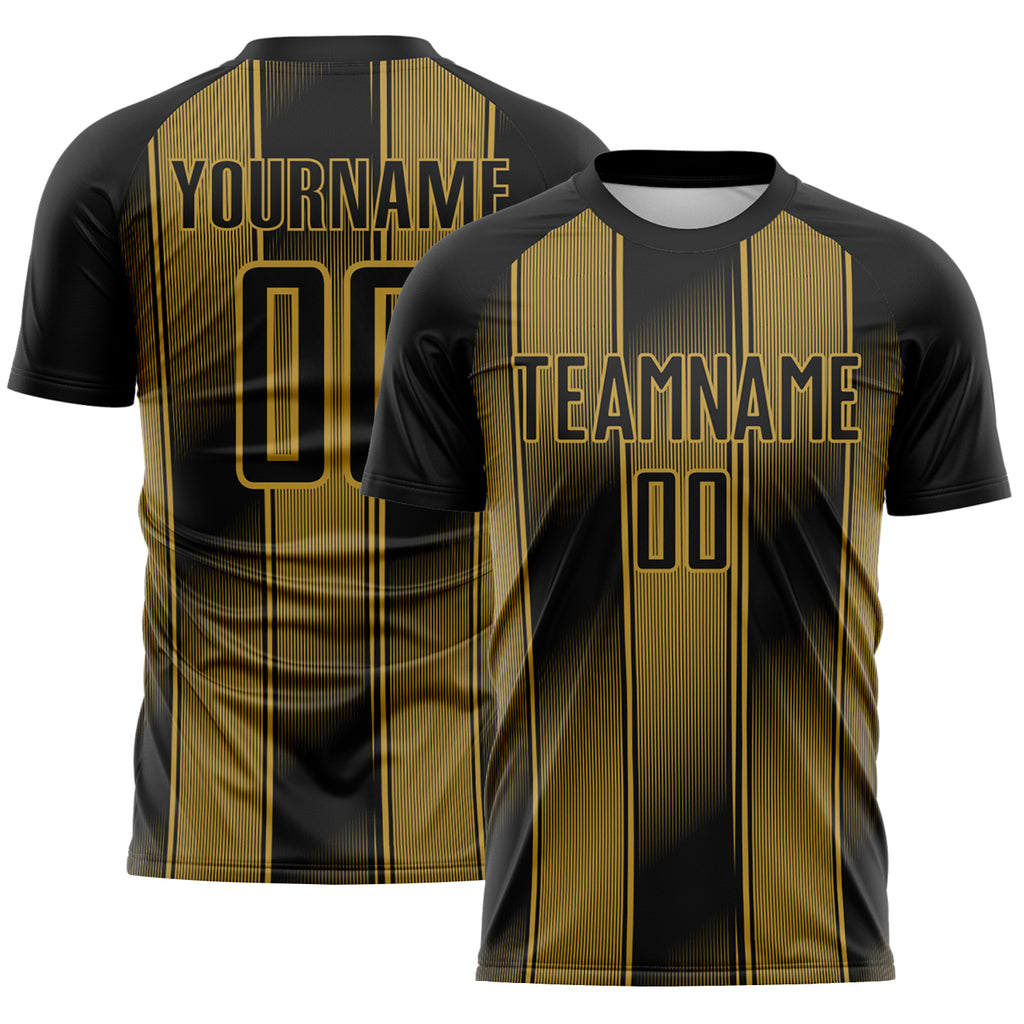 Custom Black-Old Gold Vertical Stripe Colombia Sublimation Soccer Uniform Jersey