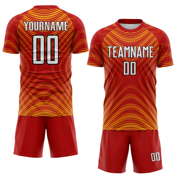 Custom Red White Gold-Black Curved Line Wave Colombia Sublimation Soccer Uniform Jersey