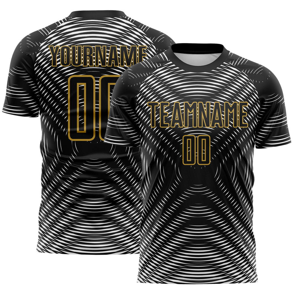 Custom Black White-Old Gold Curved Line Wave Colombia Sublimation Soccer Uniform Jersey