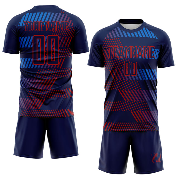Custom Navy Blue-Red Geometric Speed Stripe Colombia Sublimation Soccer Uniform Jersey