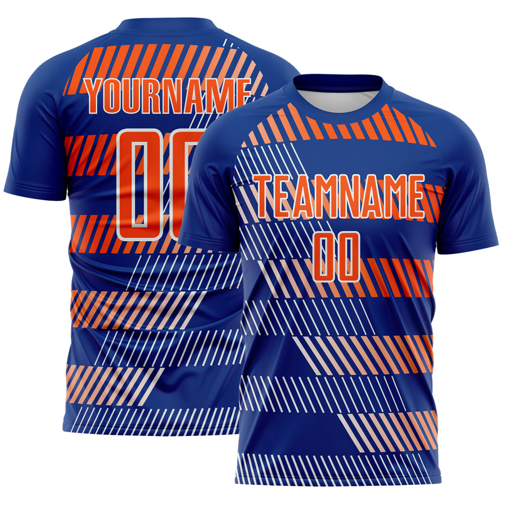 Custom Royal Orange-White Geometric Speed Stripe Colombia Sublimation Soccer Uniform Jersey