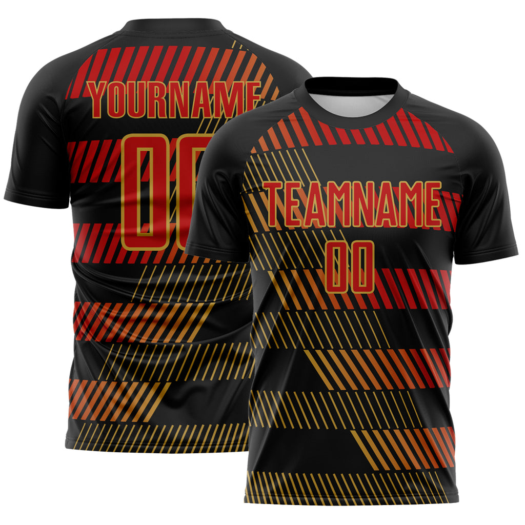 Custom Black Red-Old Gold Geometric Speed Stripe Colombia Sublimation Soccer Uniform Jersey