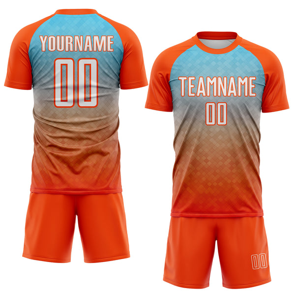 Custom Orange White-Sky Blue Gradient Diamond Grid Colombia Sublimation Soccer Uniform Jersey