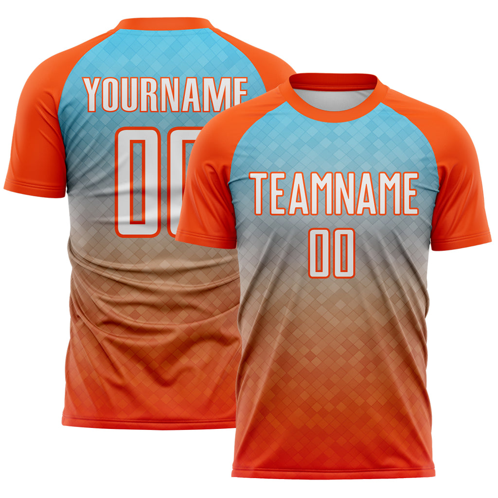 Custom Orange White-Sky Blue Gradient Diamond Grid Colombia Sublimation Soccer Uniform Jersey