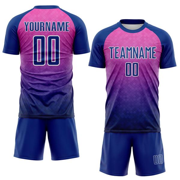Custom Royal Pink-White Gradient Diamond Grid Colombia Sublimation Soccer Uniform Jersey