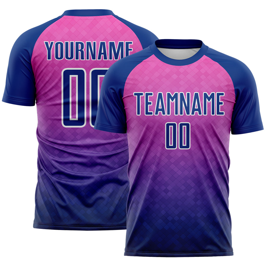 Custom Royal Pink-White Gradient Diamond Grid Colombia Sublimation Soccer Uniform Jersey