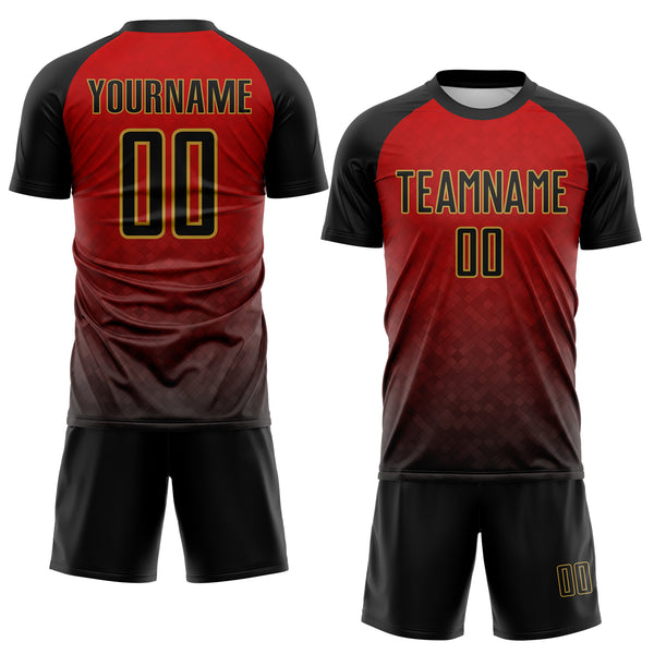 Custom Black Red-Old Gold Gradient Diamond Grid Colombia Sublimation Soccer Uniform Jersey