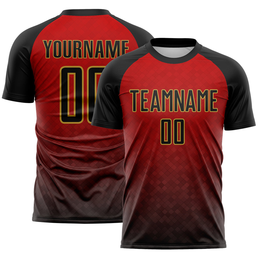 Custom Black Red-Old Gold Gradient Diamond Grid Colombia Sublimation Soccer Uniform Jersey