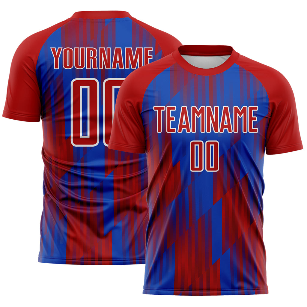 Custom Red Thunder Blue-White Gradient Stripe Colombia Sublimation Soccer Uniform Jersey