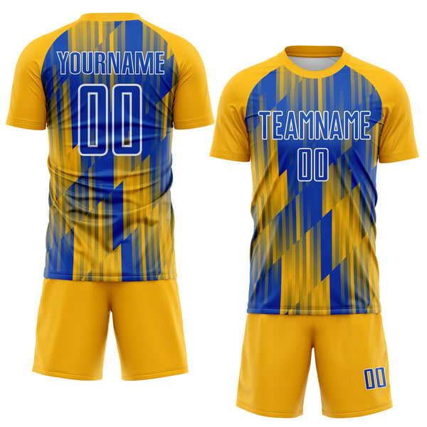 Custom Gold Thunder Blue-White Gradient Stripe Colombia Sublimation Soccer Uniform Jersey