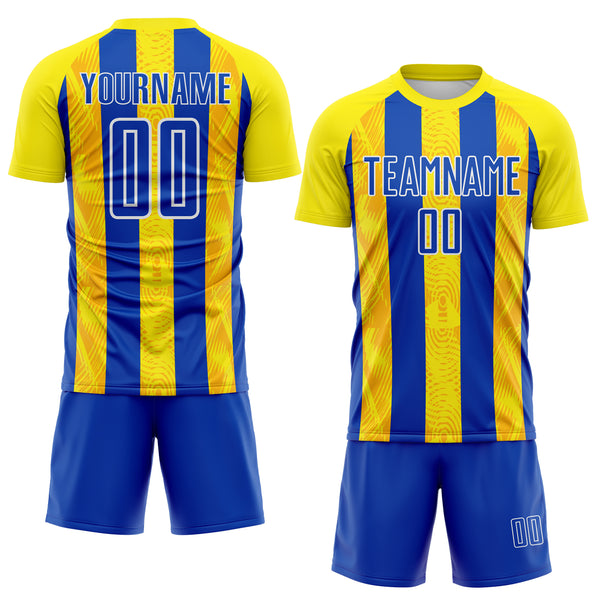 Custom Light Yellow Thunder Blue-White Vertical Stripe Colombia Sublimation Soccer Uniform Jersey