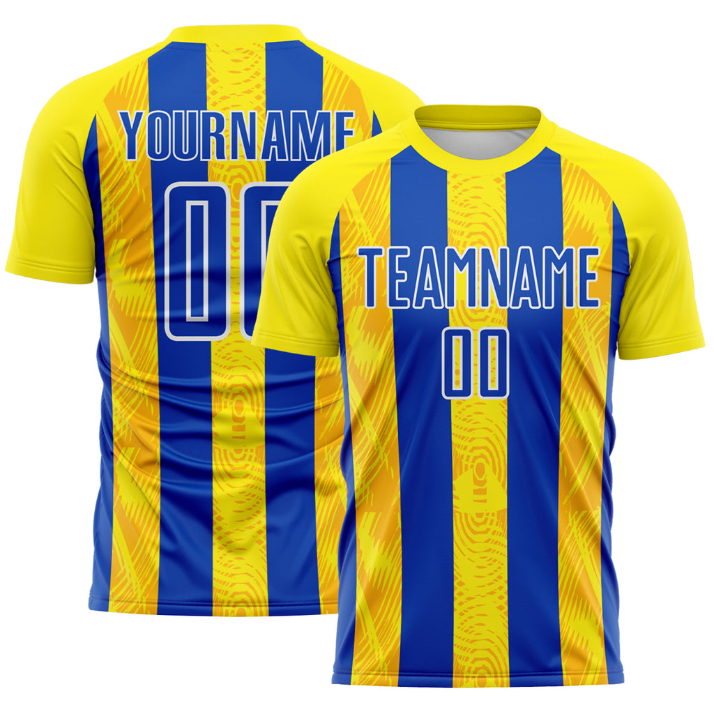 Custom Light Yellow Thunder Blue-White Vertical Stripe Colombia Sublimation Soccer Uniform Jersey