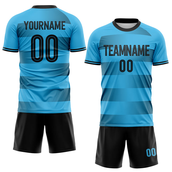 Custom Sky Blue-Black Gradient Horizontal Stripes Sublimation Soccer Uniform Jersey