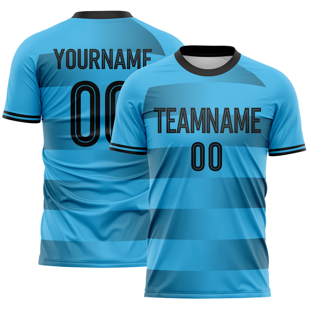 Custom Sky Blue-Black Gradient Horizontal Stripes Sublimation Soccer Uniform Jersey