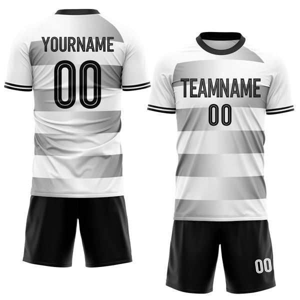 Custom White-Black Gradient Horizontal Stripes Sublimation Soccer Uniform Jersey