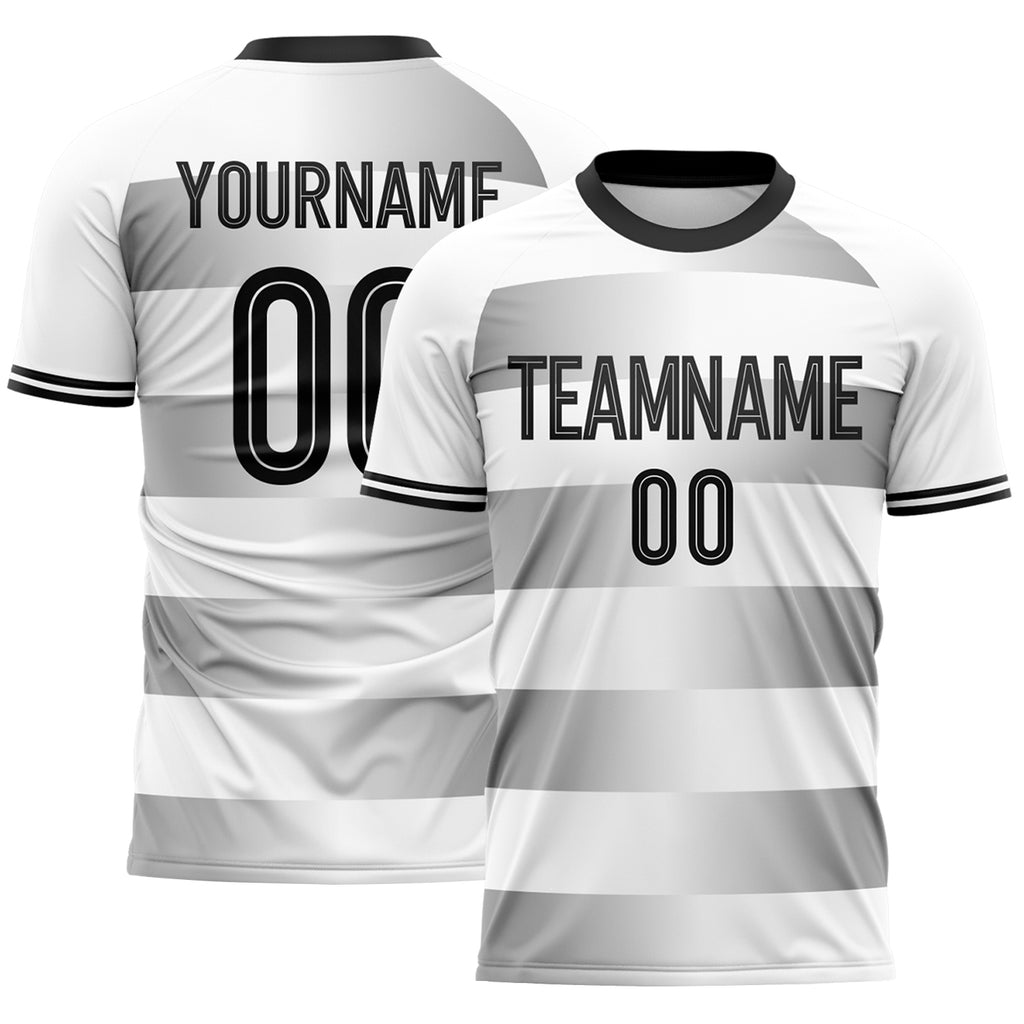 Custom White-Black Gradient Horizontal Stripes Sublimation Soccer Uniform Jersey