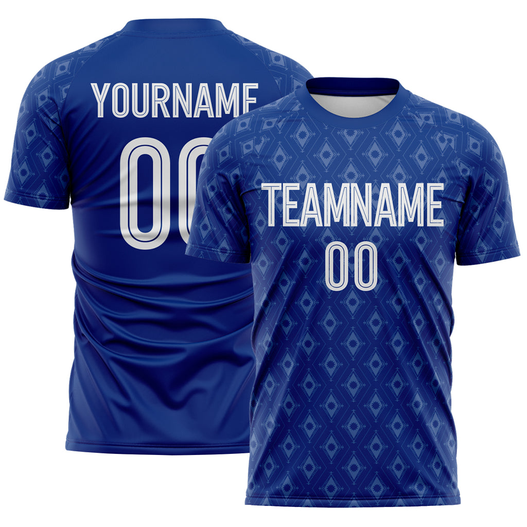 Custom Royal-White Geometric England Style Sublimation Soccer Uniform Jersey