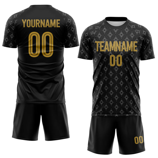 Custom Black Old Gold-White Geometric Sublimation Soccer Uniform Jersey