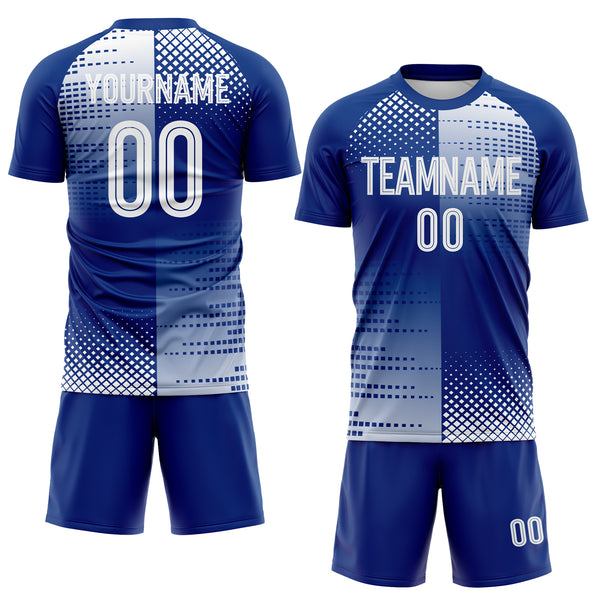 Custom Royal-White Split Geometric Grid England Style Sublimation Soccer Uniform Jersey