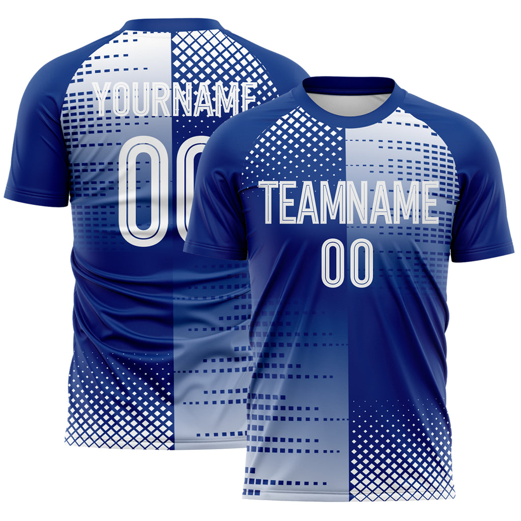 Custom Royal-White Split Geometric Grid England Style Sublimation Soccer Uniform Jersey