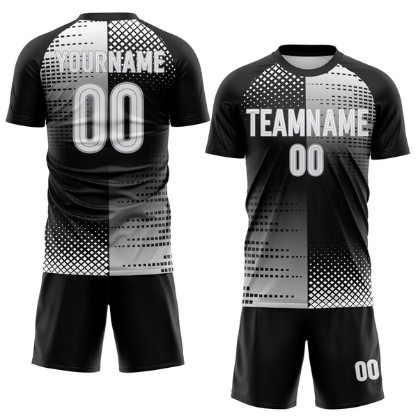 Custom Black White-Gray Split Geometric Grid Sublimation Soccer Uniform Jersey