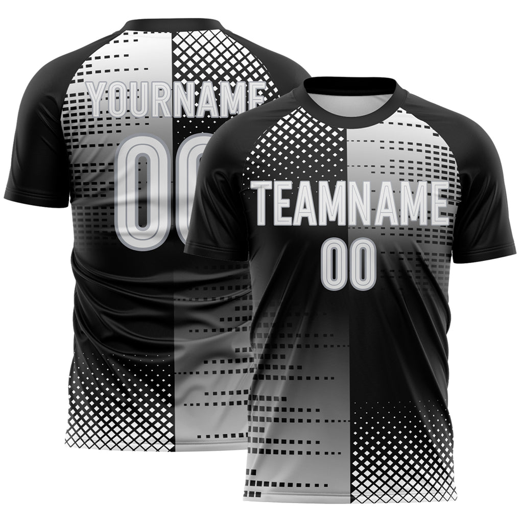Custom Black White-Gray Split Geometric Grid Sublimation Soccer Uniform Jersey