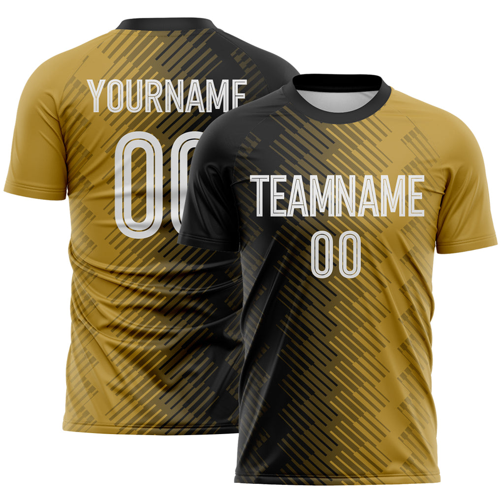 Custom Black White-Old Gold Diagonal Geometric Line Sublimation Soccer Uniform Jersey