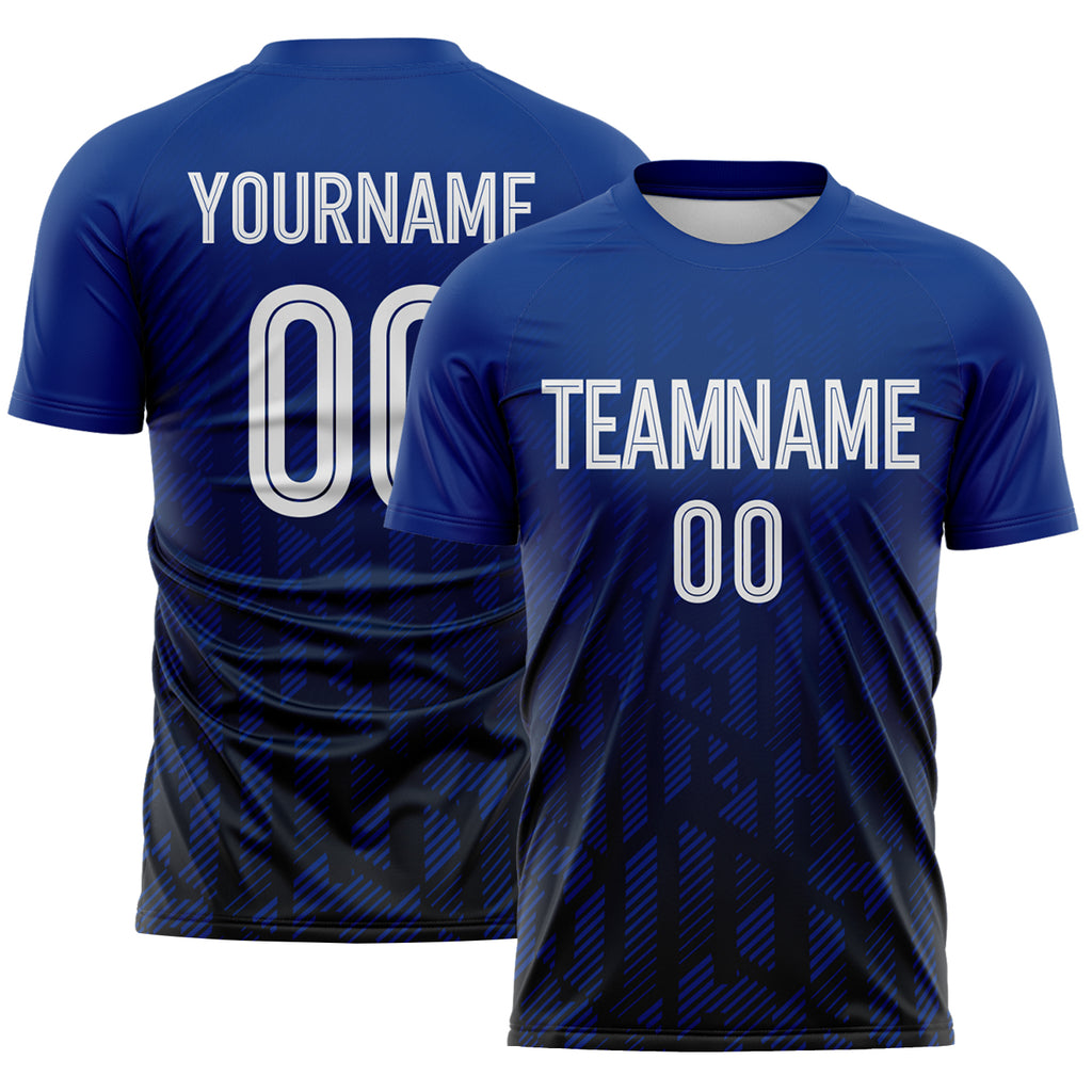 Custom Royal White Black-Navy Diagonal Geometric Line Sublimation Soccer Uniform Jersey