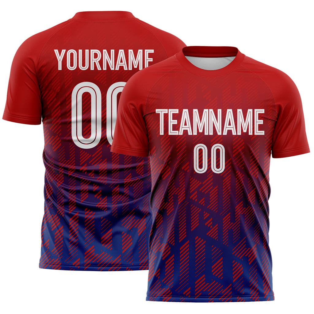 Custom Red White-Royal Diagonal Geometric Line England Style Sublimation Soccer Uniform Jersey