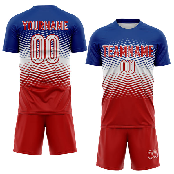 Custom Royal White-Red Gradient V Stripe England Style Sublimation Soccer Uniform Jersey