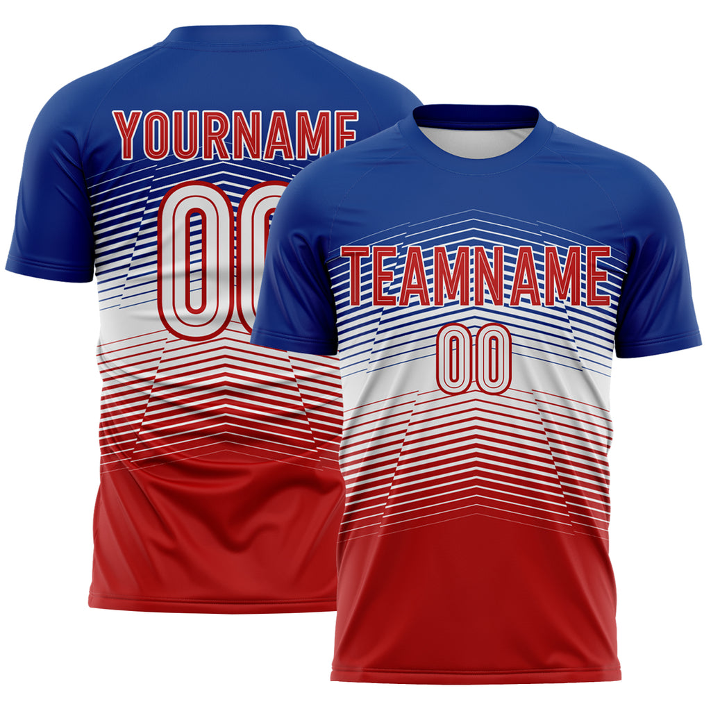 Custom Royal White-Red Gradient V Stripe England Style Sublimation Soccer Uniform Jersey