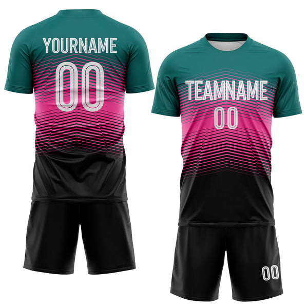 Custom Teal White Pink-Black Gradient V Stripe Sublimation Soccer Uniform Jersey